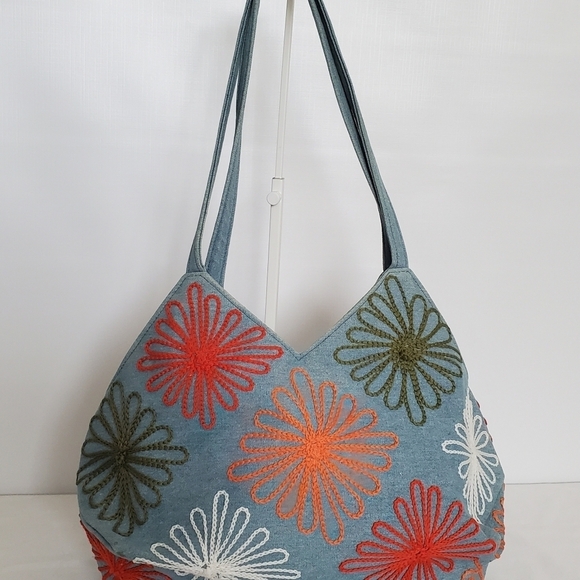DENIM HANDBAG BOHO HIPPIE RETRO 70'S HOBO SHOULDER EMBROIDERED - Picture 1 of 9